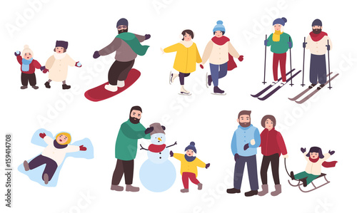 Set of winter games. Different people entertainment in winter sports. Friends  couples with children skate  ski  snowboard  make snowman. Colorful vector illustration in cartoon style.