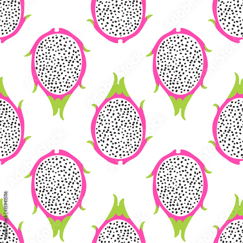 Tropical exotic dragon fruit vector seamless pattern. Background with pitaya for design fabric