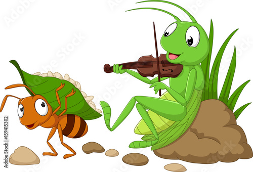 Valokuvatapetti Cartoon the ant and the grasshopper