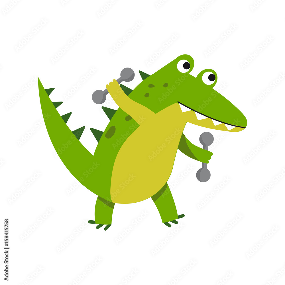 Naklejka premium Cute cartoon crocodile character raising dumbbells vector Illustration