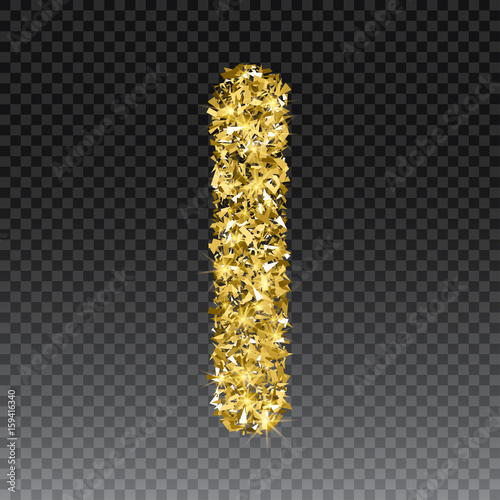 Gold glittering letter I. Vector shining golden font lettering of sparkles on checkered background.