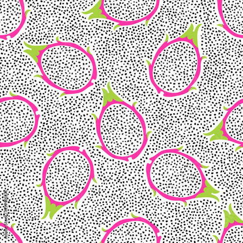 Tropical exotic dragon fruit vector seamless pattern. Background with pitaya for design fabric