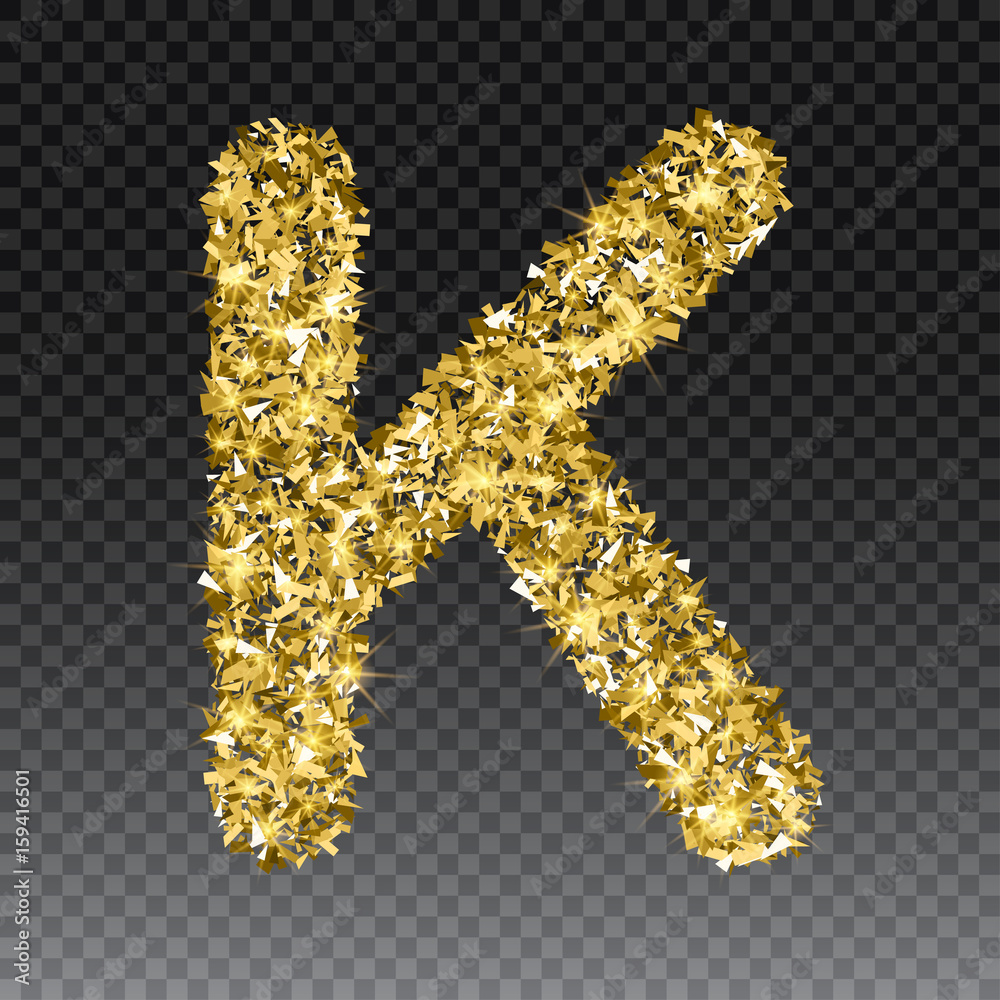 Gold glittering letter K. Vector shining golden font lettering of ...