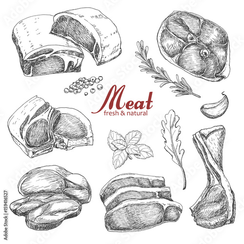 Set of hand drawn meat isolated on white background