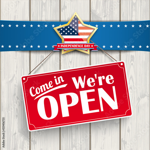 Sign Wood Open Independence Day Golden Star