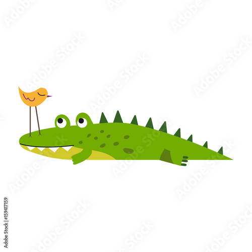 Cute little bird sitting on a crocodile nose vector Illustration