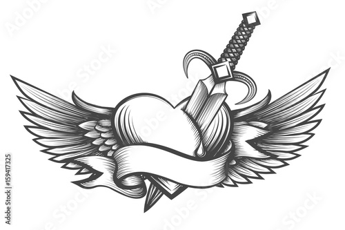 Winged heart pierced by dagger drawn in tattoo style