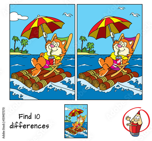 Cute fat cat in a deckchair floats by sea on a raft with umbrella. Find 10 differences. Educational game for children. Cartoon vector illustration