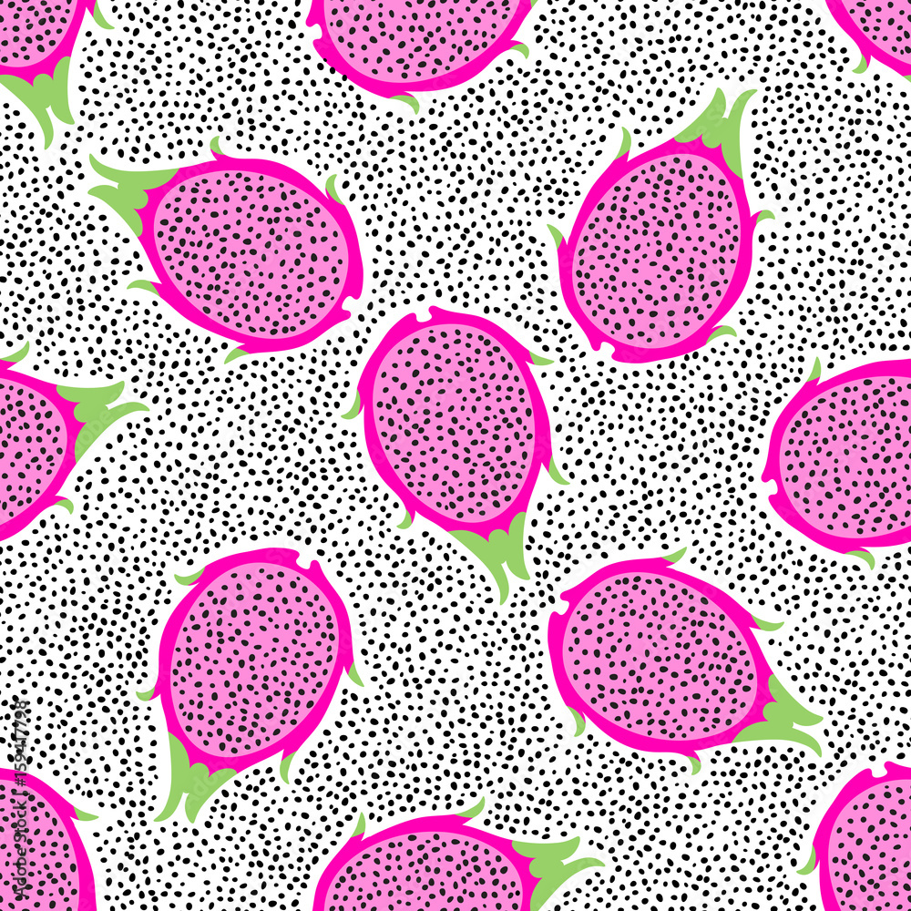 Tropical exotic dragon fruit vector seamless pattern. Background with pitaya for design fabric