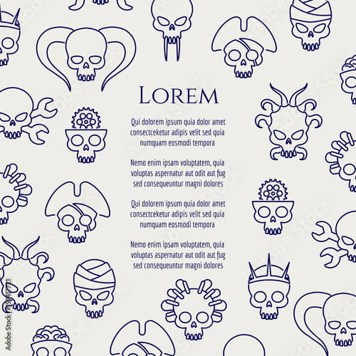 Horror poster with line cute skulls. Vector illustration photo