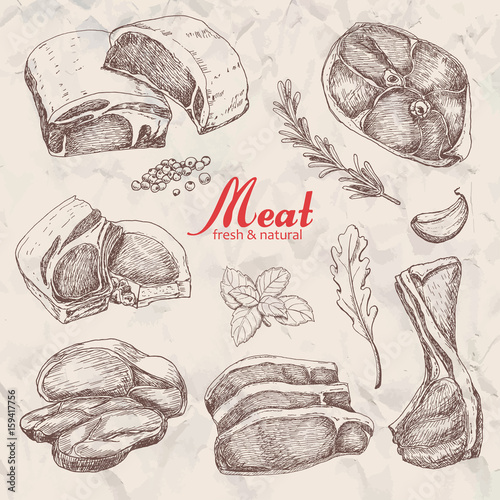 Set of hand drawn meat isolated