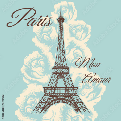 Plakat Paris mon amour lub Paris my love vintage poster with Eiffel tower and roses. Ilustracji wektorowych