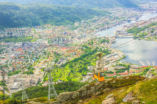 Ulriksbanen, the Bergen cable car leading to Ulriken mountain. Norwegian tourism highlight. Bergen urban skyline. Traveling to Northern Europe. Spectacular norwegian landscape and popular landmark.