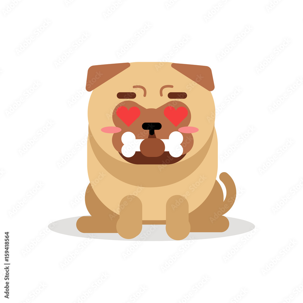 Fototapeta premium Funny pug dog character sitting and holding bone in its mouth vector Illustration