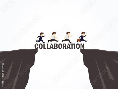 Businessmen crossing over a teamwork bridge. Vector illustration.