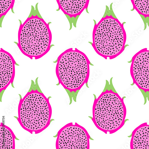 Tropical exotic dragon fruit vector seamless pattern. Background with pitaya for design fabric