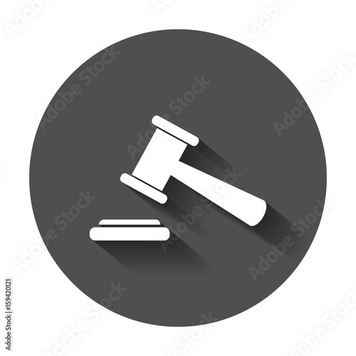 Auction hammer vector icon. Court tribunal flat icon with long shadow.