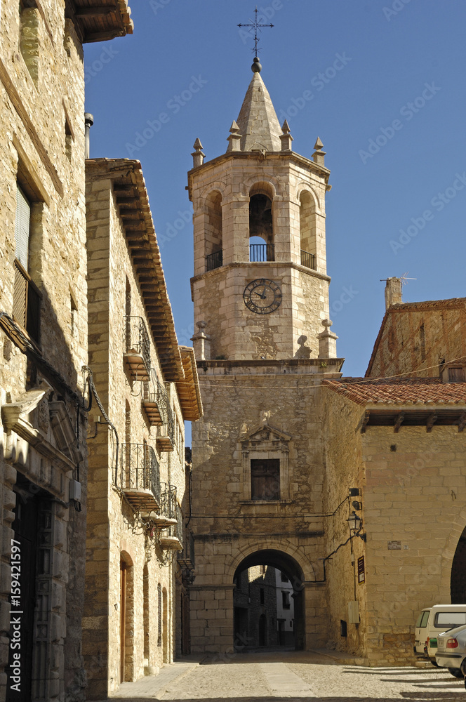 La Asucion church and Cristo Rey square in Cantavieja, Maestrazgo, Teruel province, Aragon, Spain