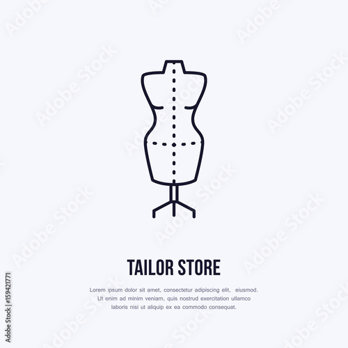 Illustration of tailor dummy, mannequin. Dress shop line logo. Vector flat sign for atelier.