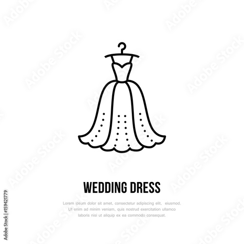 Wedding dress on hanger icon, clothing shop line logo. Flat sign for apparel collection. Logotype for laundry, clothes cleaning.
