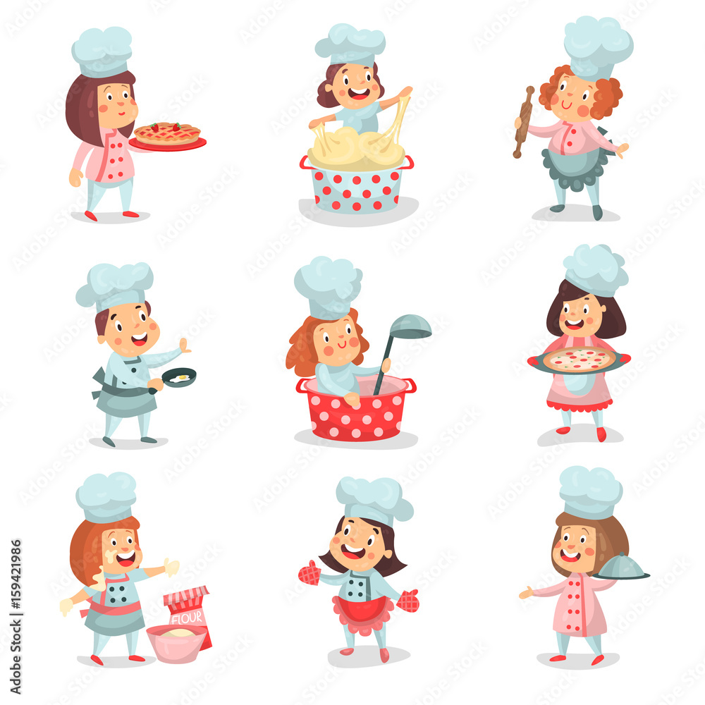 Cute little cook chief kids cartoon characters cooking food and baking  detailed colorful Illustrations Stock Vector | Adobe Stock