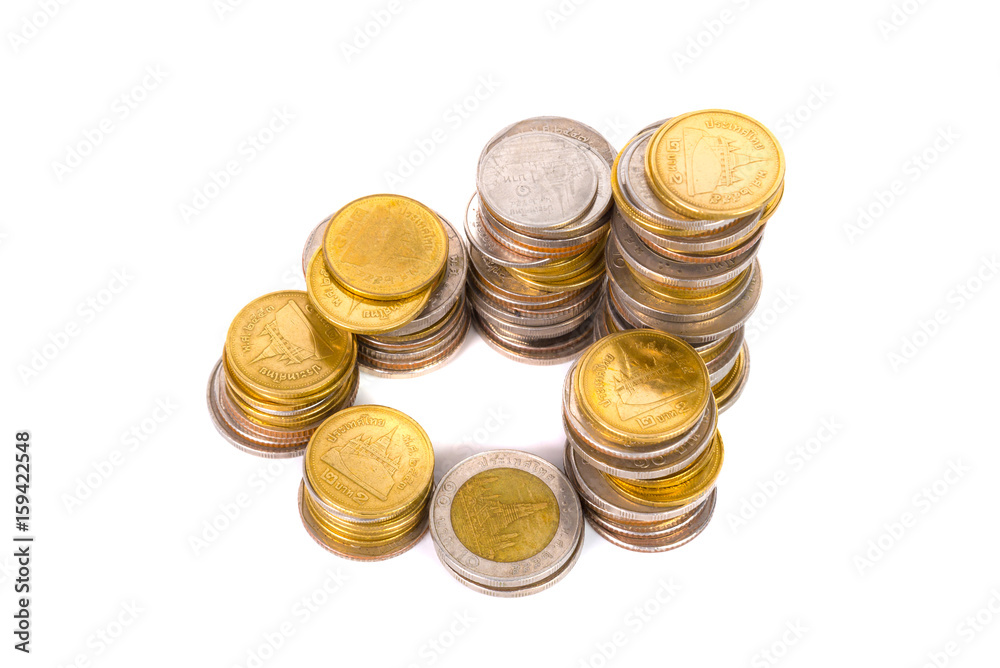 Columns of coins, piles of coins on white background Columns of coins, piles of coins on white background