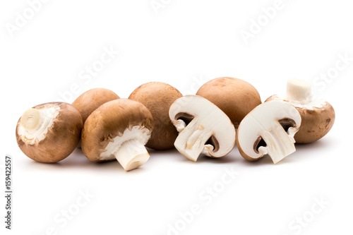 Fresh champignon mushrooms isolated on white.