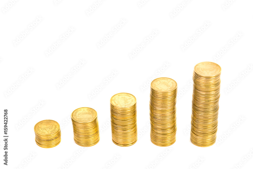 Increasing columns of coins, piles of gold coins arranged as a graph isolated on white background Increasing columns of coins, piles of gold coins arranged as a graph isolated on white background