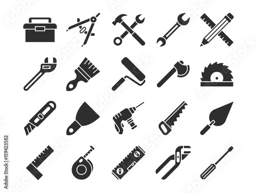 Construction and engineering tools silhouette vector icons