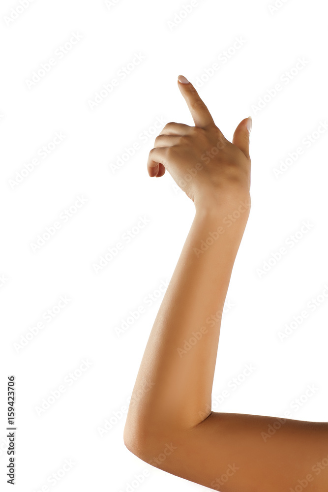The female hand touches with the finger in the blank The female hand touches with the finger in the blank