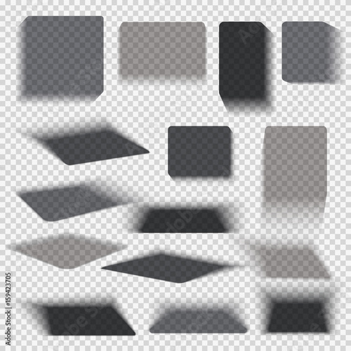 Transparent paper and objects box square shadows isolated. Wall and floor drop shadow vector collection