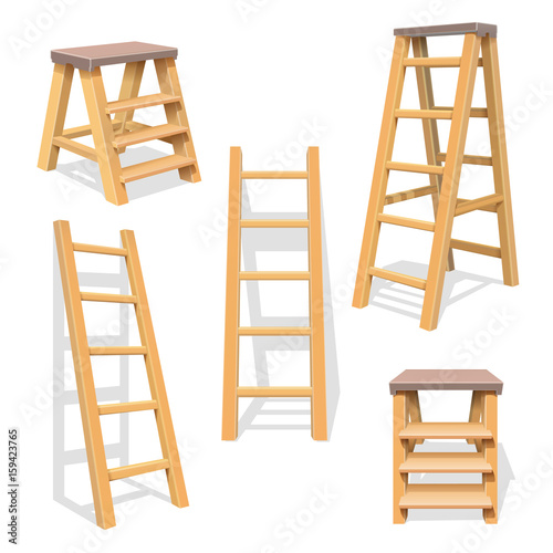 Wood household steps. Isolated wooden ladder vector set
