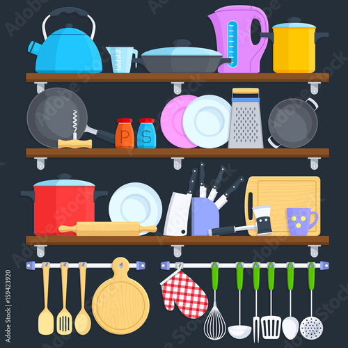 Kitchen shelves with cookware and cooking equipment flat vector concept