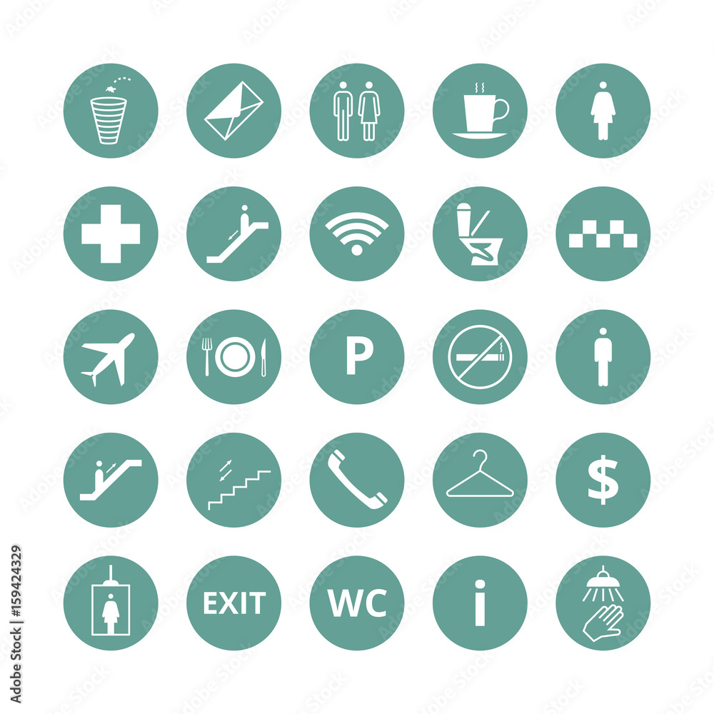 Public place navigation vector icons. Toilet, restaurant and elevator pictograms Public place navigation vector icons. Toilet, restaurant and elevator pictograms