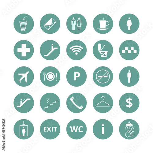 Public place navigation vector icons. Toilet  restaurant and elevator pictograms