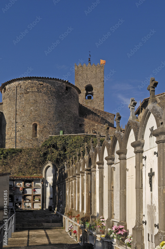 cemeteri and church of Santa Pau village in Garrotxa, Girona province, Catalonia, Spain