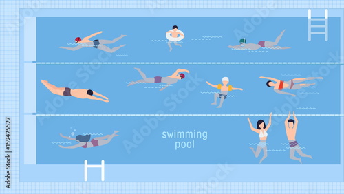 Horizontal illustration with swimmers in swimming pool. Top view. Various people and kids in water, swim in different ways. Colorful vector background in flat style with place for text. photo
