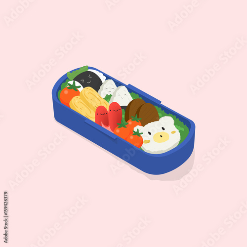 Japanese lunch box, bento. Funny cartoon food. Isometric colorful vector illu...
