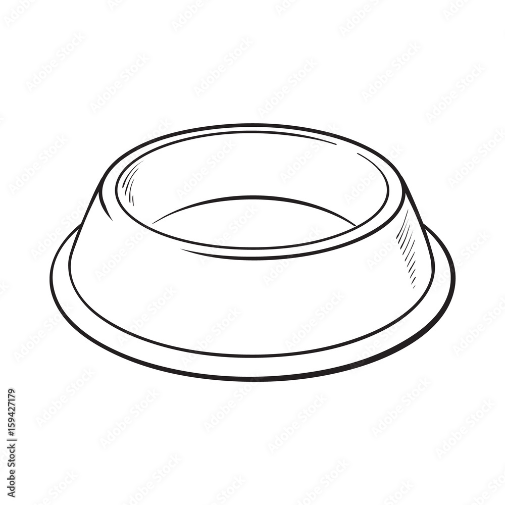 Empty green shiny plastic bowl for pet, cat, dog food, black and white  sketch style vector illustration isolated on white background. Hand drawn  empty bowl, plate for pet, dog, cat food Stock