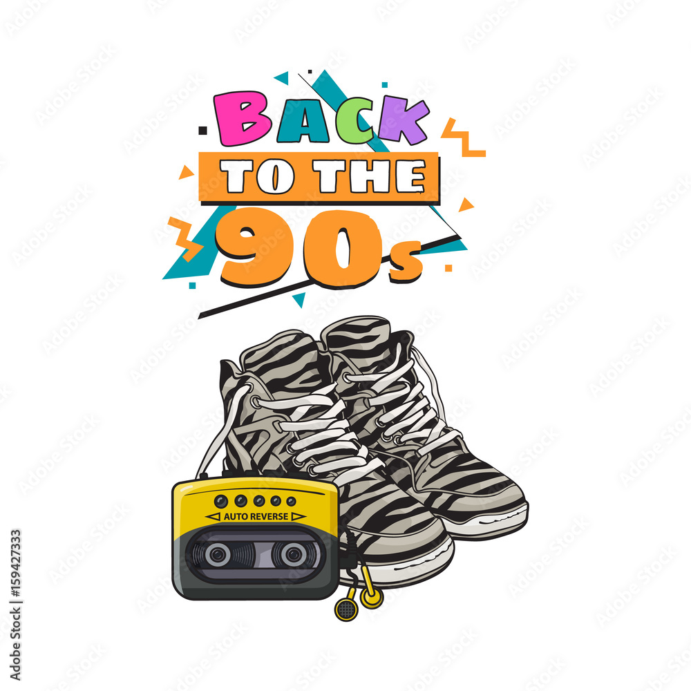 Pair of zebra sneakers and audio player from 90s, retro fashion icons, sketch vector illustration isolated on white background. Retro style sneakers and audio player, walkman from nineties