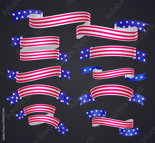 Set of american flag ribbon or banner. USA flag symbol