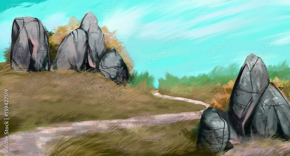 Fototapeta premium drawing of a road between the hills with stones