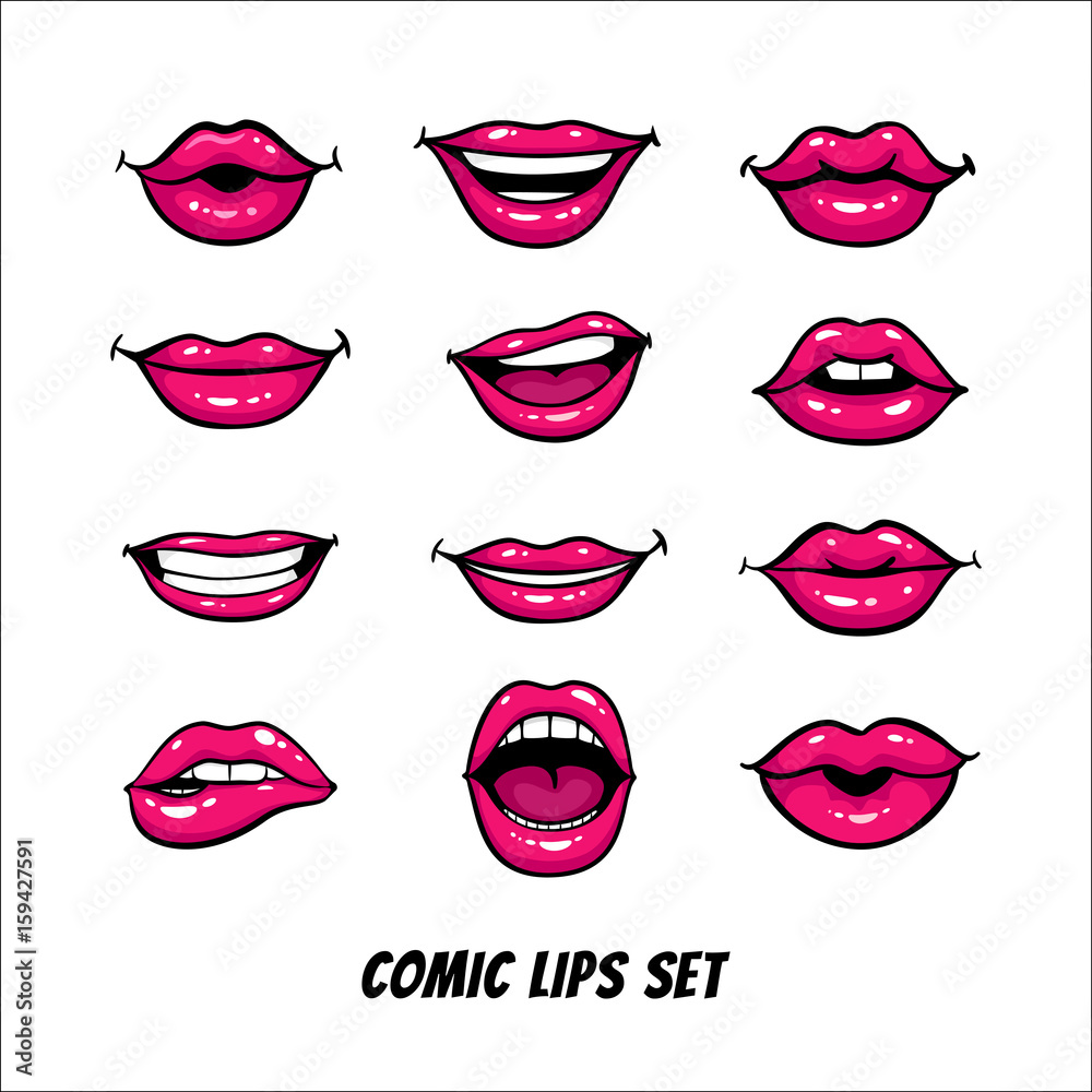 Fototapeta premium Zestaw komiks kobiece usta. Usta pocałunkiem, uśmiech, język, zęby, otwarte, zamknięte usta. Komiks ilustracji wektorowych w stylu retro pop-artu na białym tle.