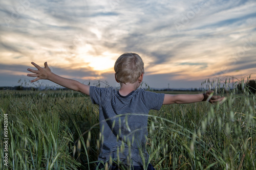 Little blonde hair boy standing in an open field at sunset with open arms - embracing nature