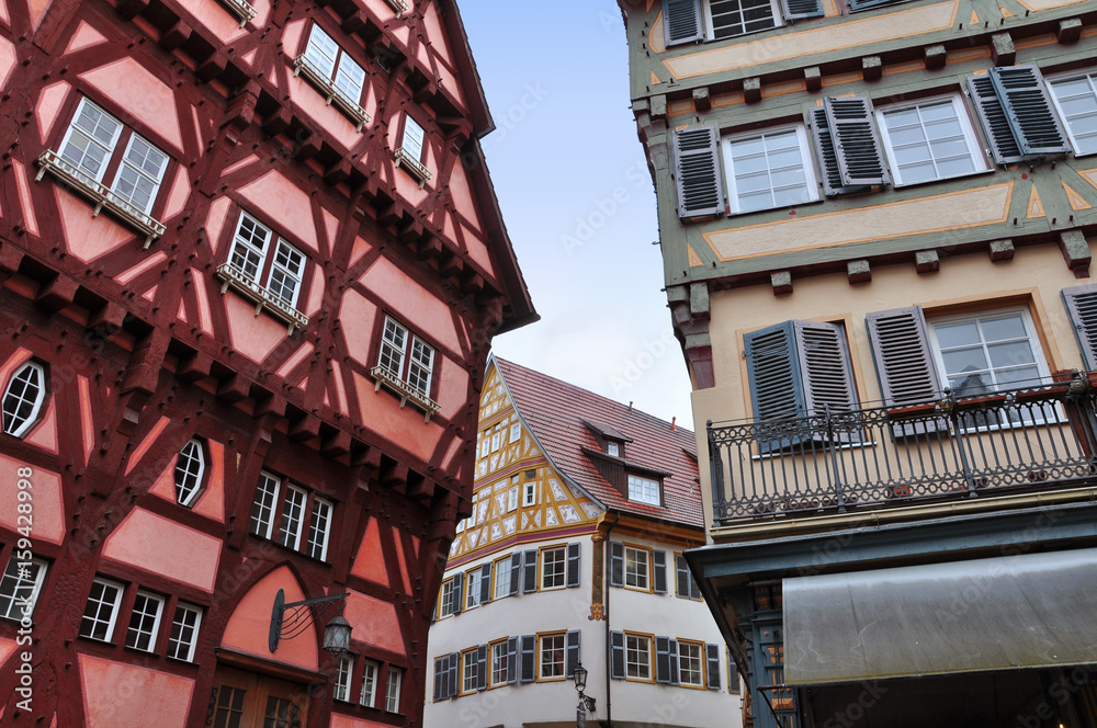 Old narrow street of Esslingen with colorful half-timbered houses. Baden-Wurttemberg, Germany.