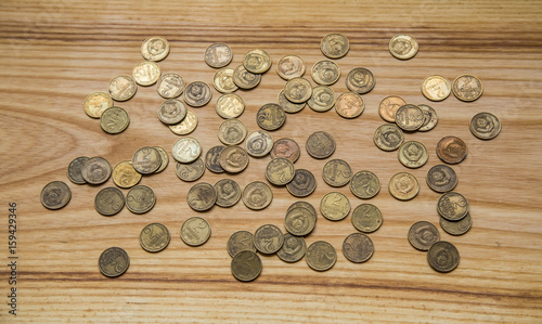 Old soviet coins on a wooden background