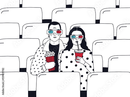 Trendy young couple in cinema. Fashionable guy and girl in 3d-glasses with popcorn and drink. Colorful hand drawn vector illustration.