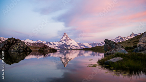 Colorful summer panorama of the Matterhorn pyramid and Stellisee lake. Few minutes before sunrise. Great june outdoor scene in Swiss Alps, Zermatt, Switzerland, Europe 2017 © icephotography