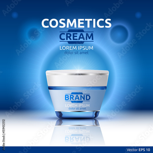 Moisturizing Cream cosmetic ads template. Hydrating face lotion. Mockup 3D Realistic illustration. Sparkling blue background colors