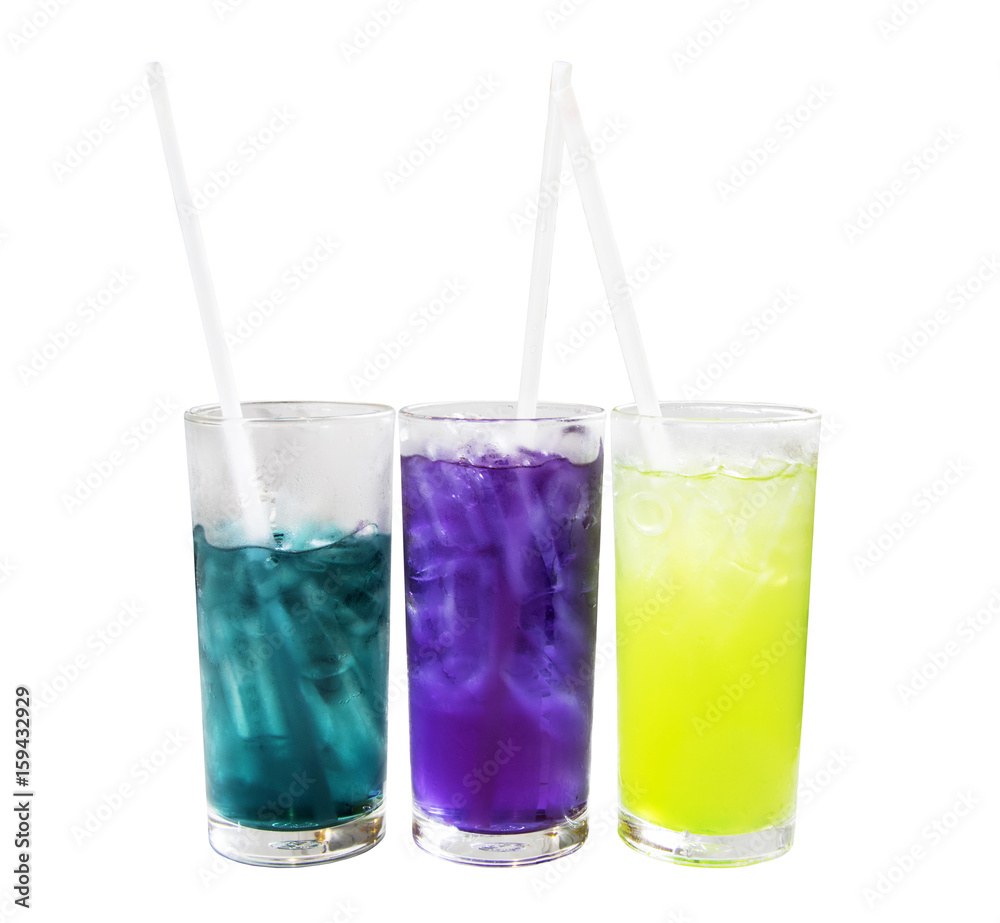 Glasses with Butterfly pea or Blue pea water and lemon grass water with ice isolated on white. Glasses with Butterfly pea or Blue pea water and lemon grass water with ice isolated on white.